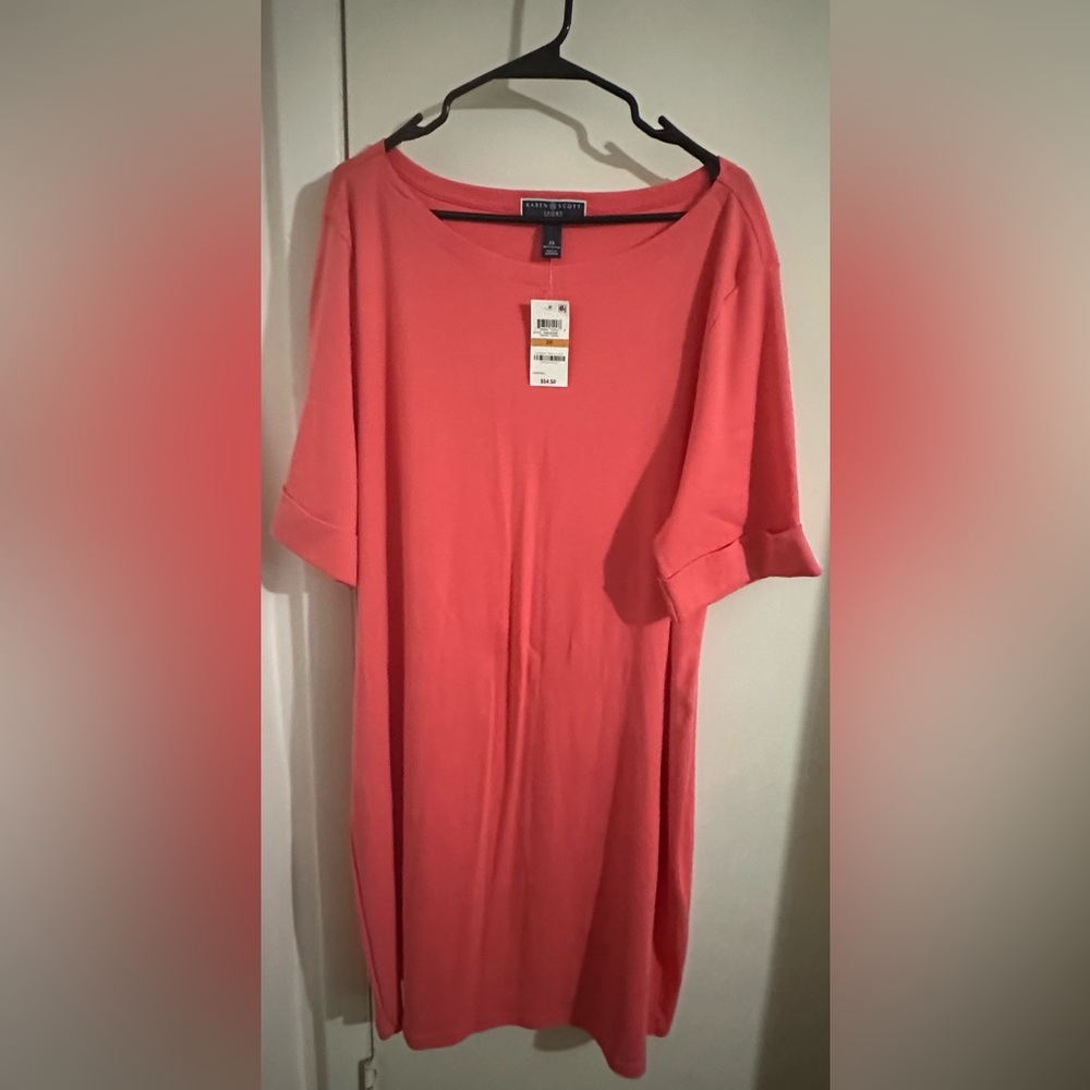 Karen Scott Sport Cuffed Sleeve Boat Neck Knee Length Shirt Dress